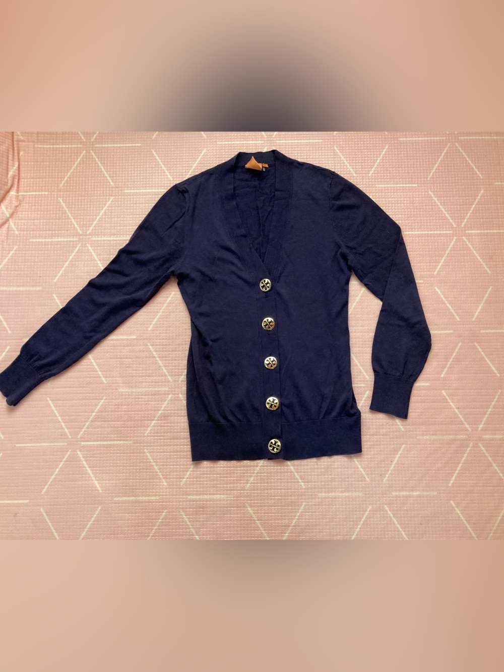 Tory Burch Navy V-Neck Button Cardigan with Gold Logo Buttons
